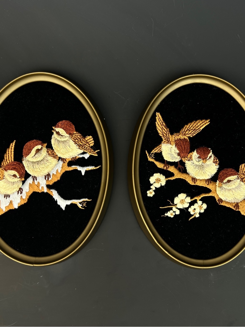 Embroidered Sparrow Wall Art Pair in Brown and Gold